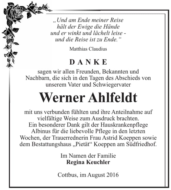 Danksagung Werner Ahlfeldt