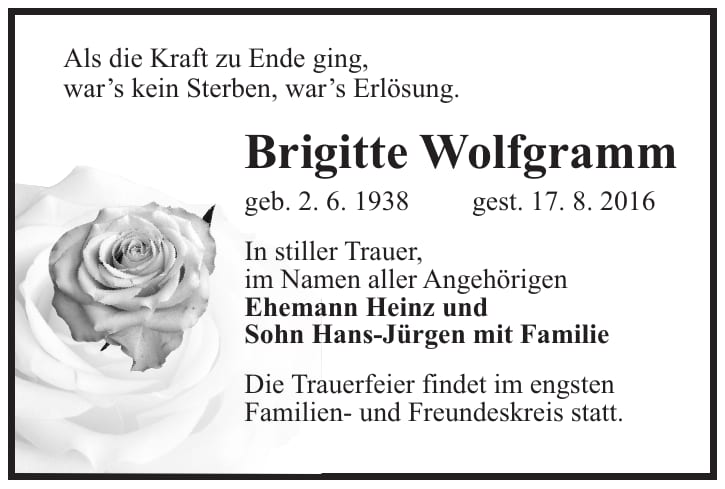 Traueranzeige Brigitte Wolfgramm