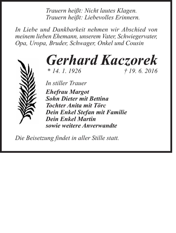 Traueranzeige Gerhard Kaczorek