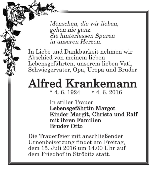 Traueranzeige Alfred Krankemann