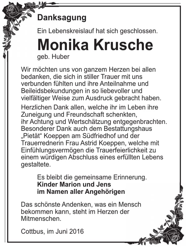 Danksagung Monika Krusche