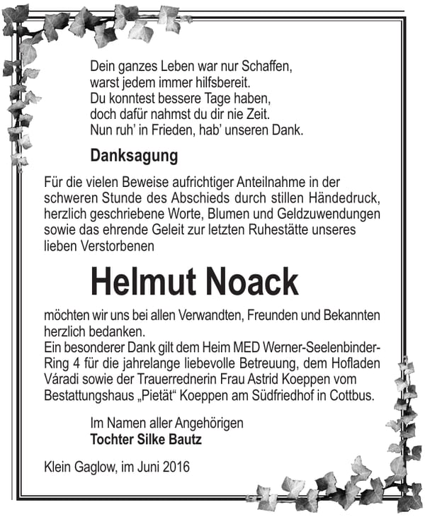 Danksagung Helmut Noack