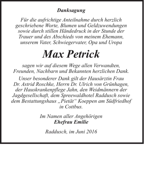 Danksagung Max Petrick