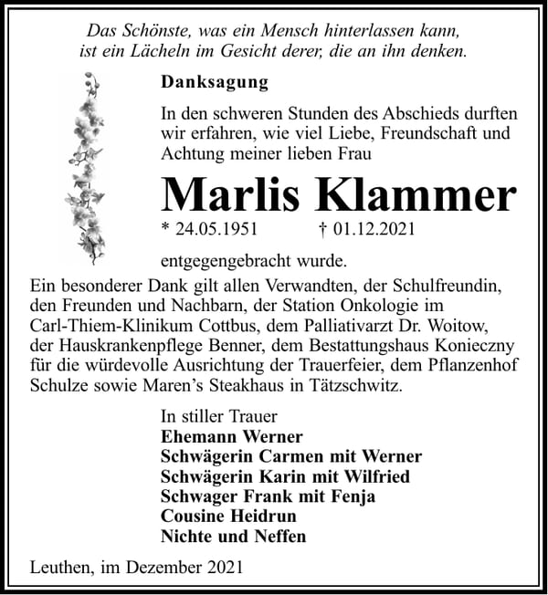 Traueranzeige Marlis Klammer