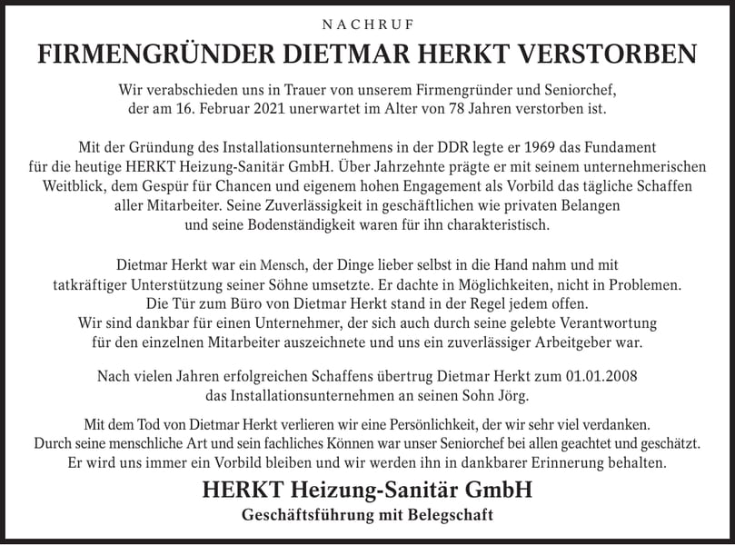 Traueranzeige Dietmar Herkt