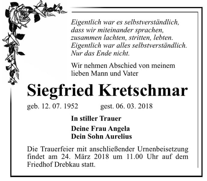 Traueranzeige Siegfried Kretschmar