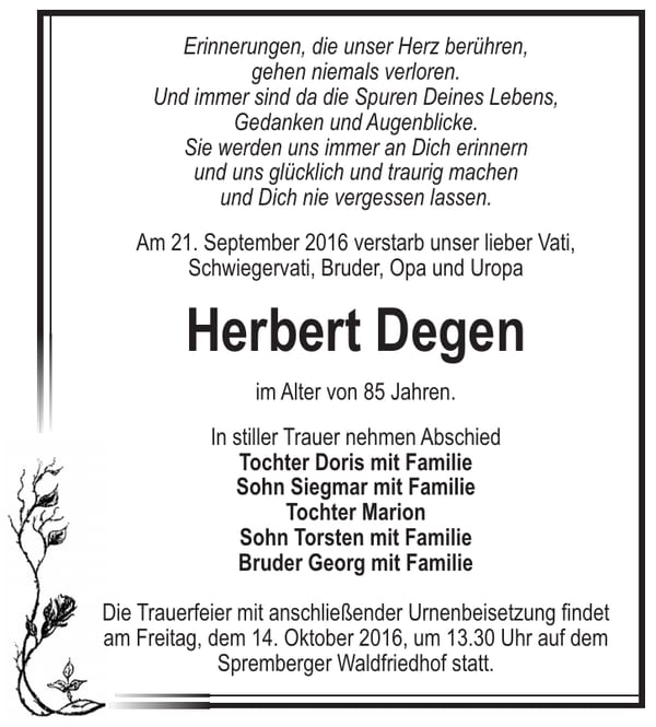 Traueranzeige Herbert Degen