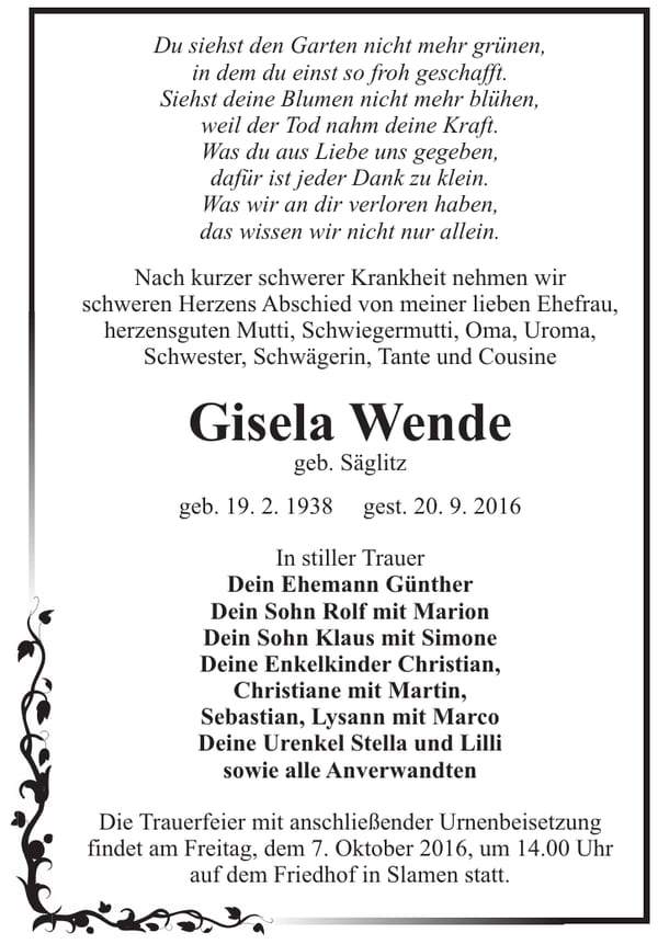 Traueranzeige Gisela Wende, geb. Säglitz
