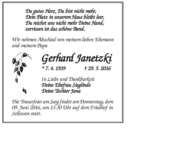Traueranzeige Gerhard Janetzki