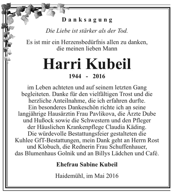 Danksagung Harri Kubeil