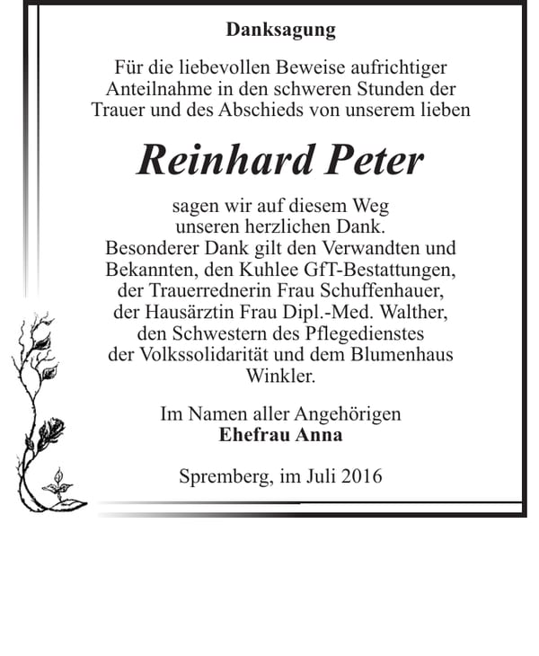 Danksagung Reinhard Peter