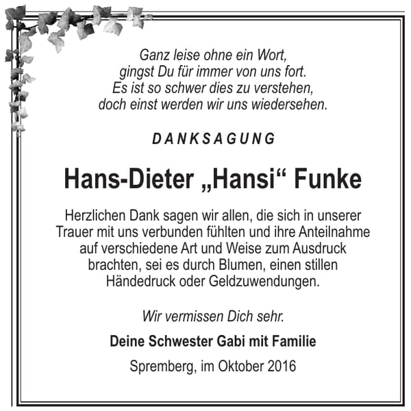 Danksagung Hans-Dieter „Hansi“ Funke