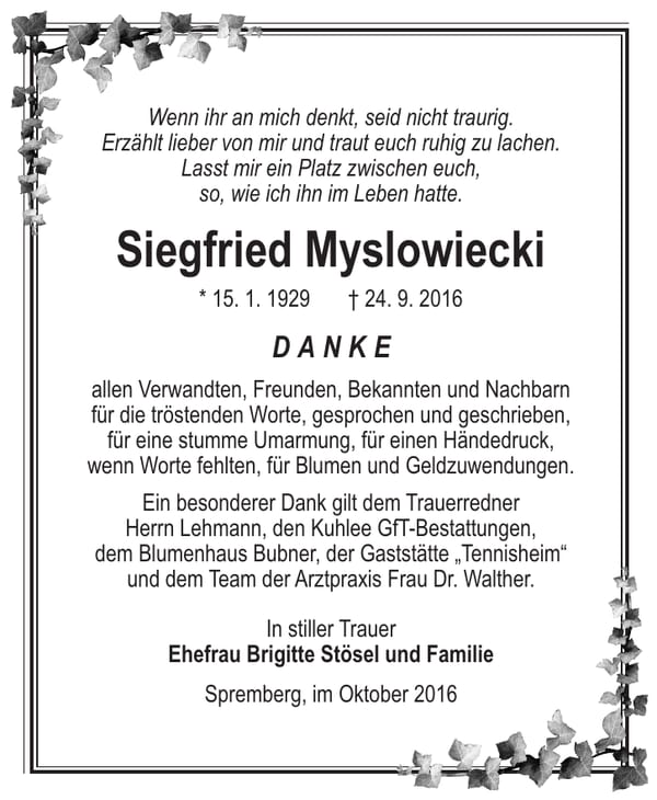 Danksagung Siegfried Myslowiecki