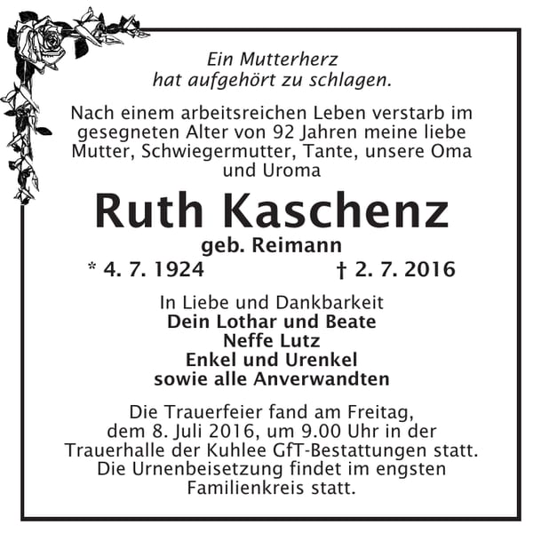 Traueranzeige Ruth Kaschenz, geb. Reimann