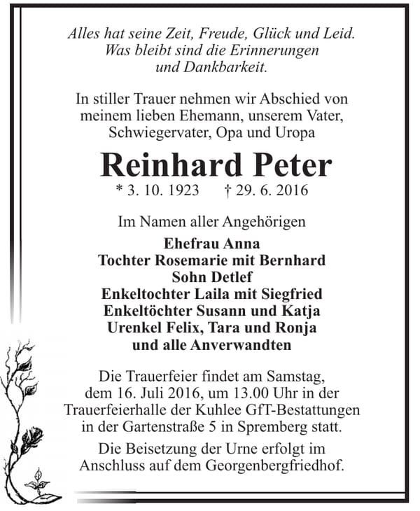 Traueranzeige Reinhard Peter