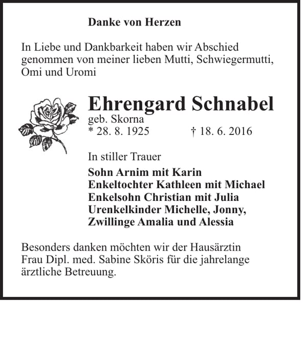Danksagung Ehrengard Schnabel, geb. Skorna