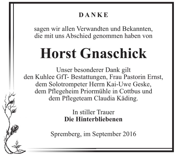 Danksagung Horst Gnaschick