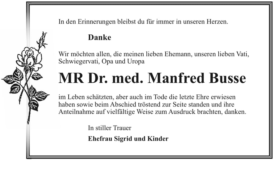 Danksagung MR Dr. med. Manfred Busse