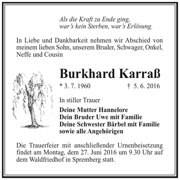 Traueranzeige Burkhard Karraß