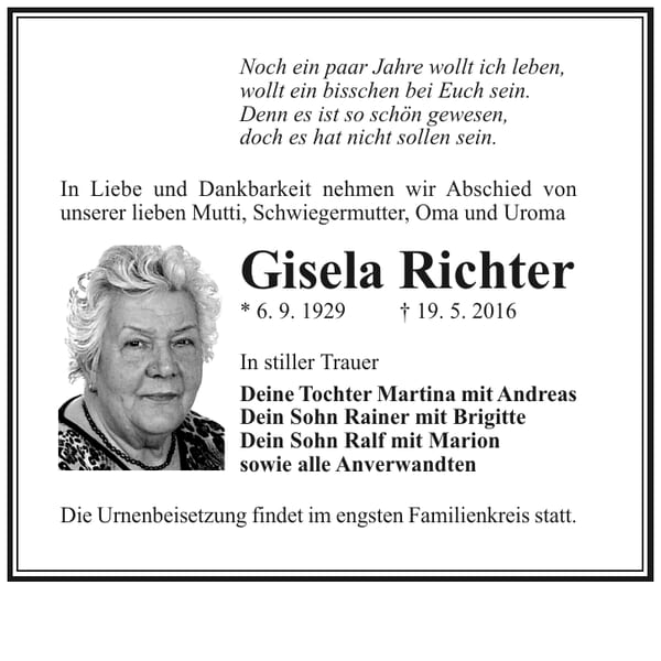 Traueranzeige Gisela Richter