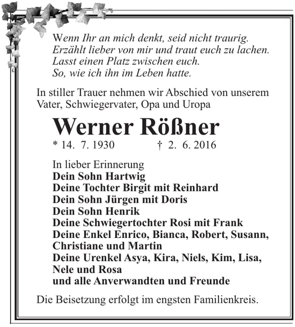 Traueranzeige Werner Rößner