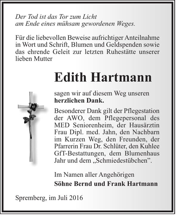 Danksagung Edith Hartmann