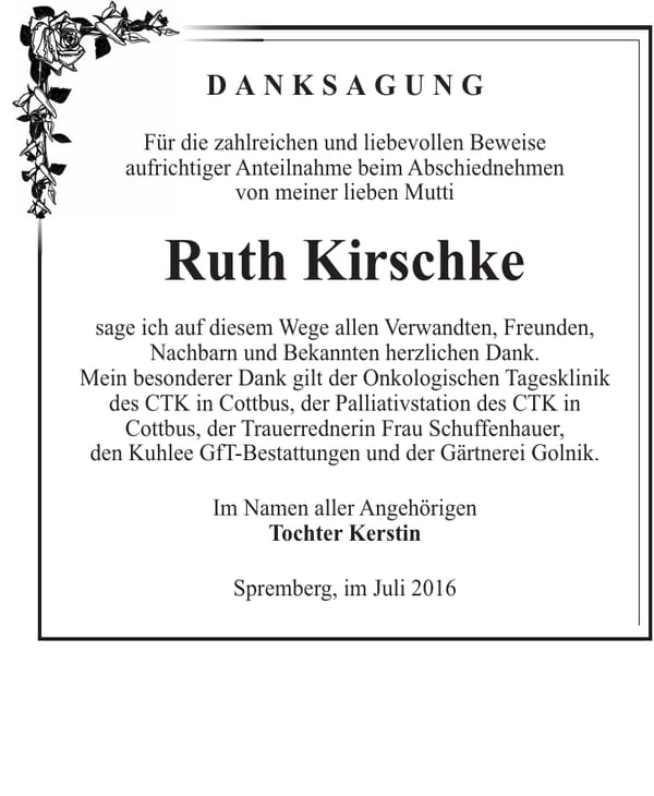 Danksagung Ruth Kirschke