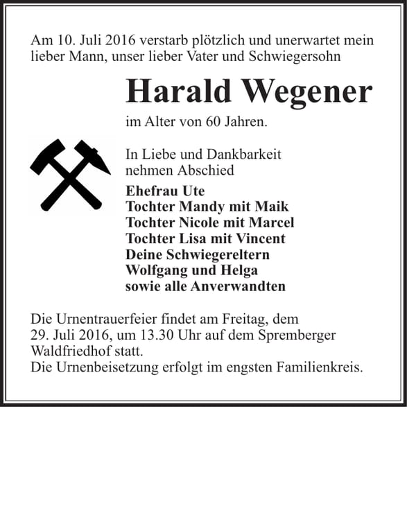Traueranzeige Harald Wegener