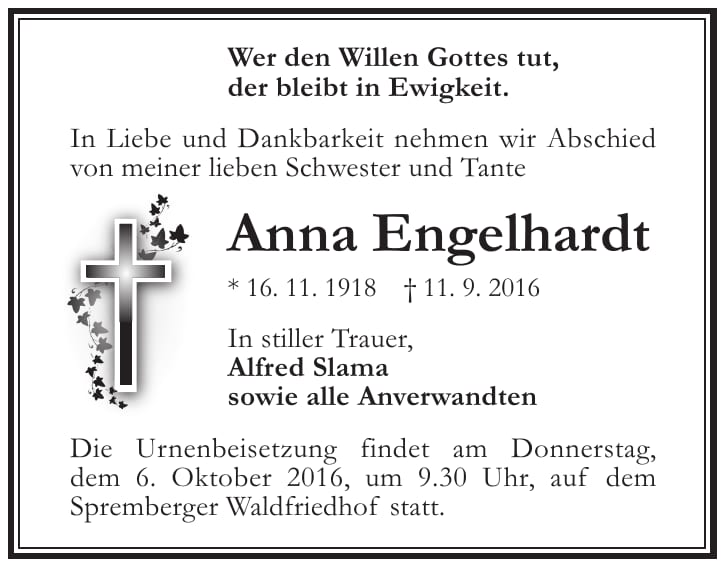 Traueranzeige Anna Engelhardt