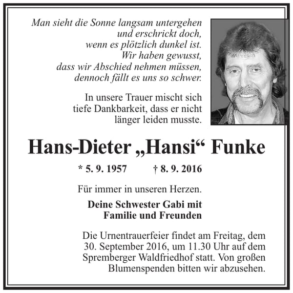 Traueranzeige Hans-Dieter „Hansi“ Funke