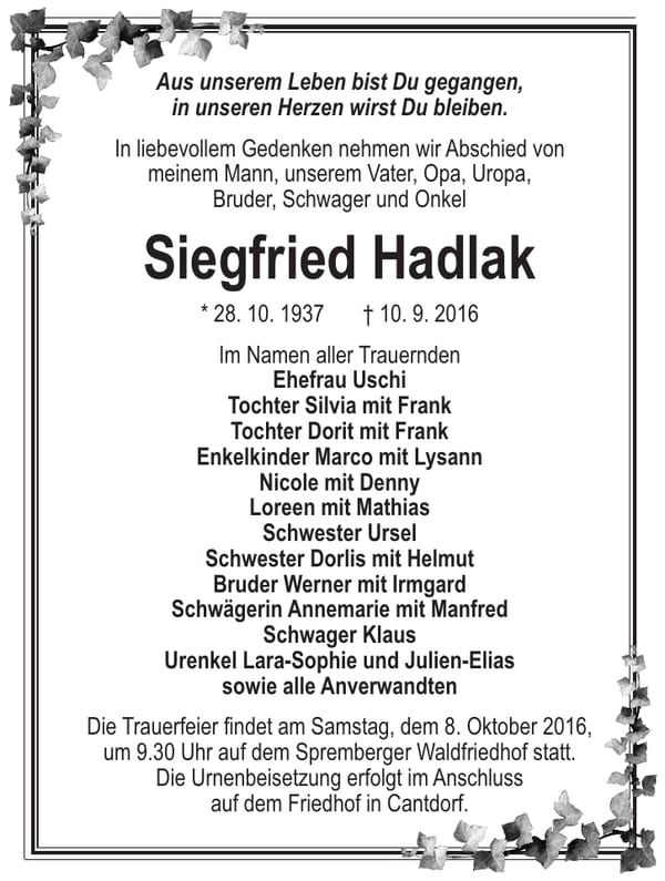 Traueranzeige Siegfried Hadlak