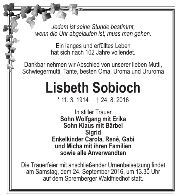 Traueranzeige Lisbeth Sobioch