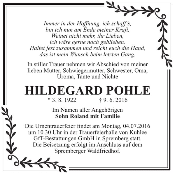 Traueranzeige Hildegard Pohle