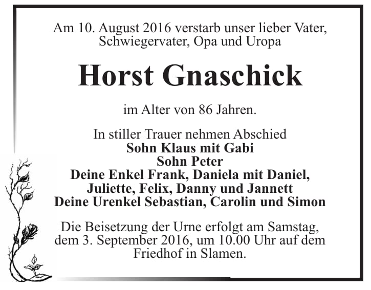 Traueranzeige Horst Gnaschick