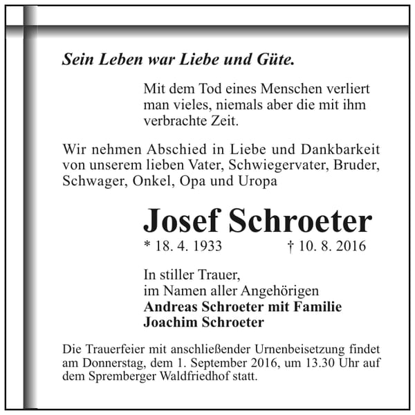 Traueranzeige Josef Schroeter