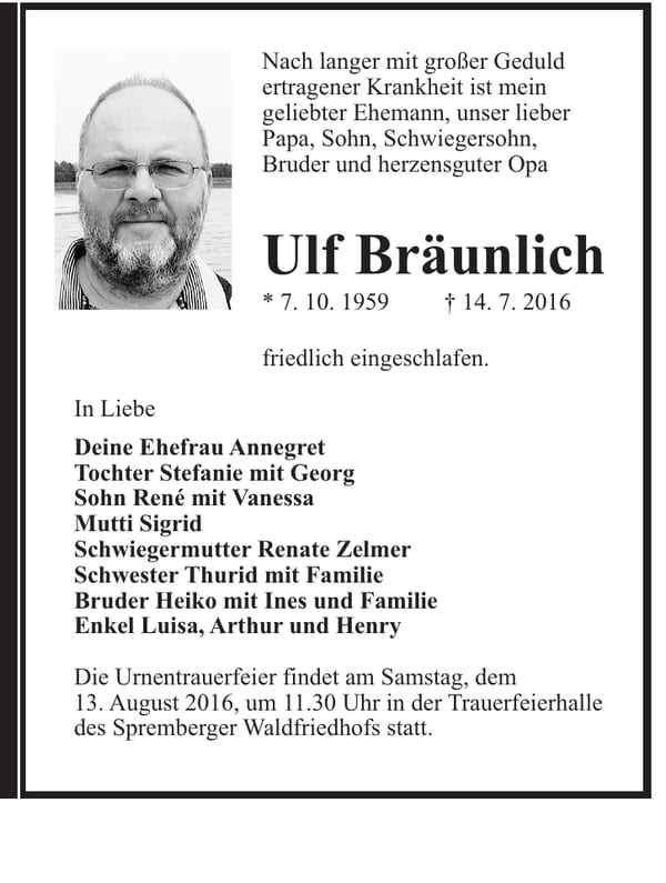 Traueranzeige Ulf Bräunlich