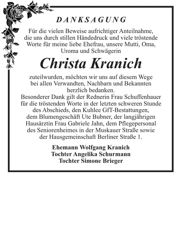 Danksagung Christa Kranich
