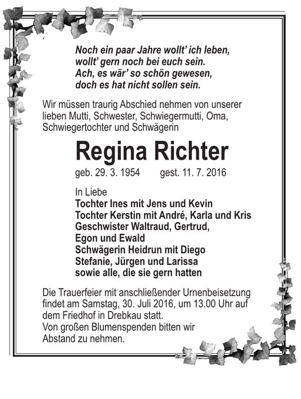 Traueranzeige Regina Richter