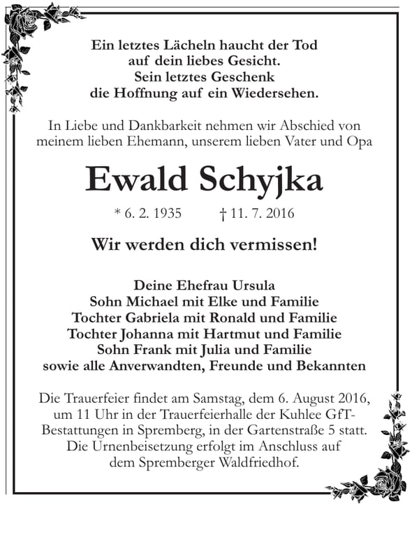 Traueranzeige Ewald Schyjka