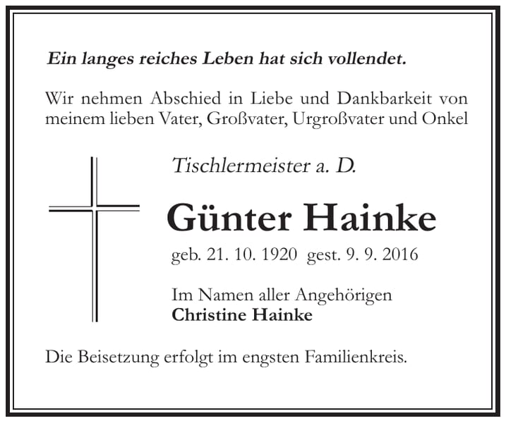 Traueranzeige Günter Hainke