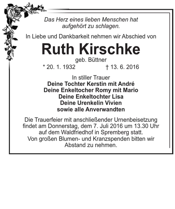 Traueranzeige Ruth Kirschke, geb. Büttner