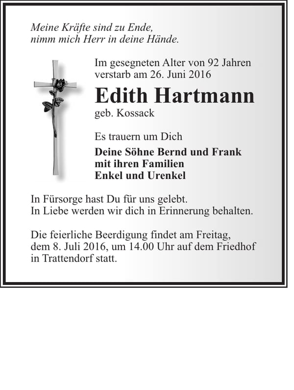Traueranzeige Edith Hartmann, geb. Kossack