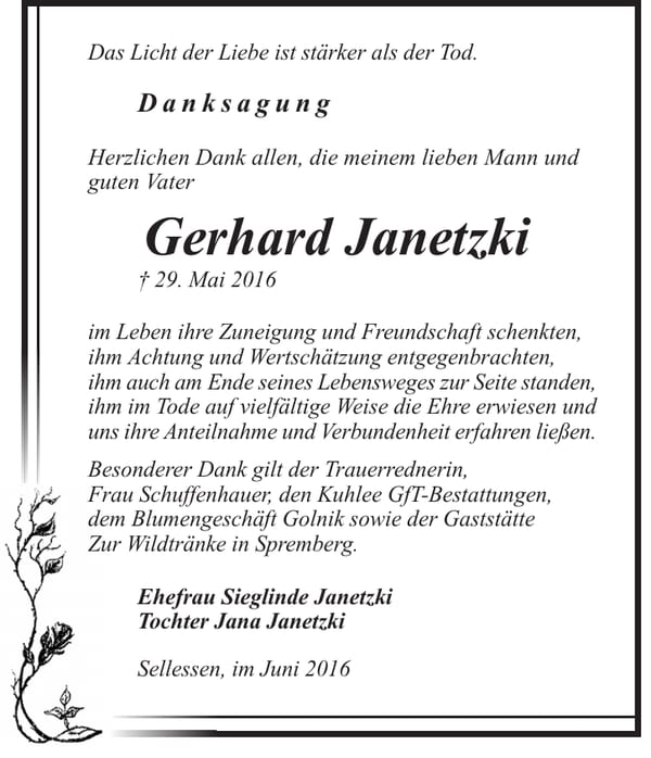 Danksagung Gerhard Janetzki