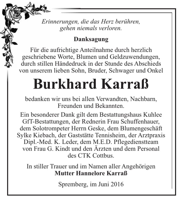 Danksagung Burkhard Karraß