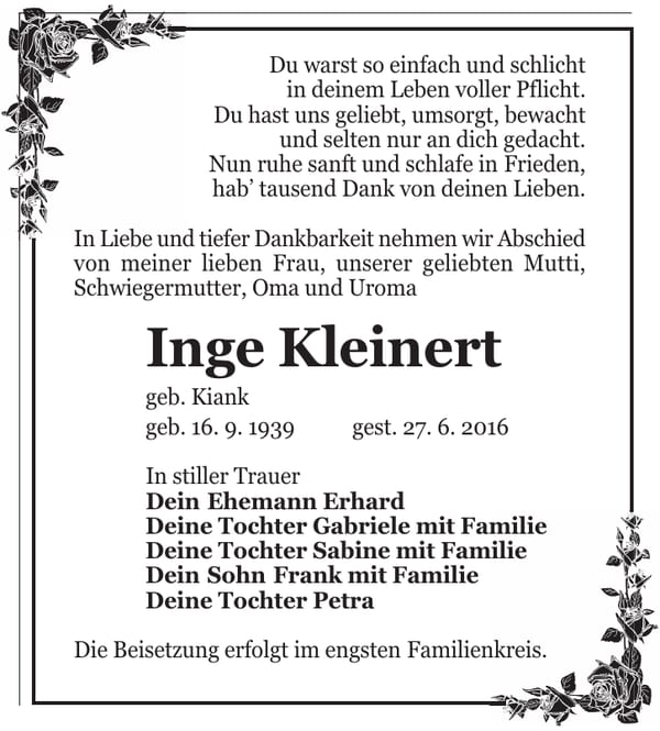 Traueranzeige Inge Kleinert, geb. Kiank