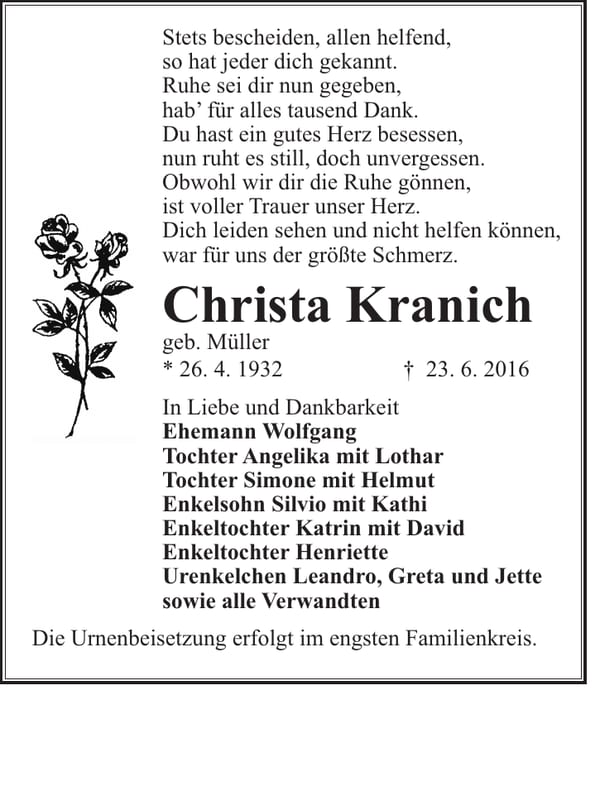 Traueranzeige Christa Kranich, geb. Müller