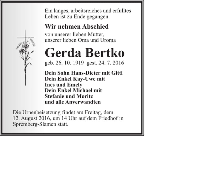 Traueranzeige Gerda Bertko