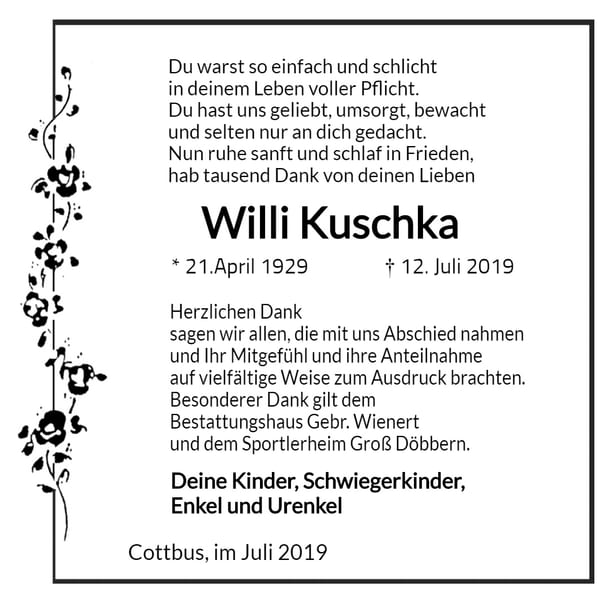 Traueranzeige Willi Kuschka