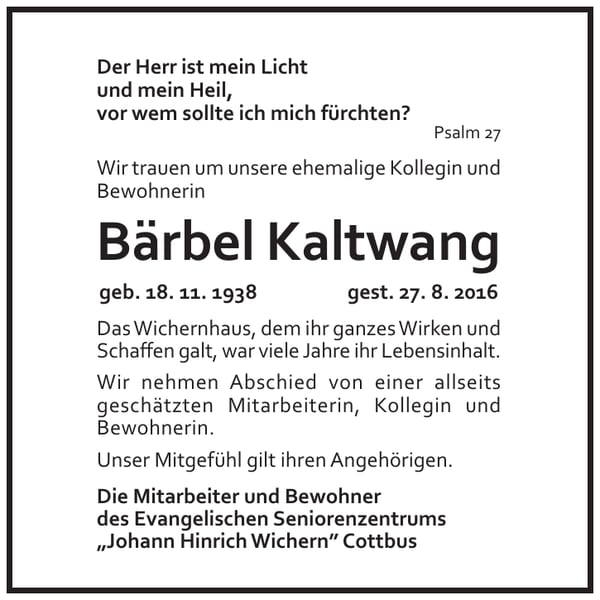 Nachruf Bärbel Kaltwang