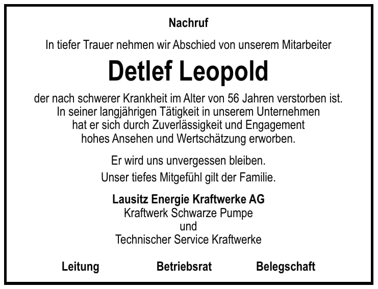 Traueranzeige Detlef Leopold